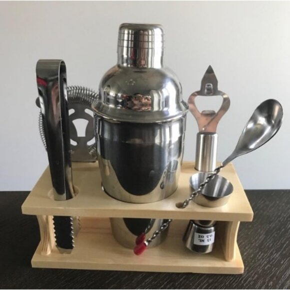 Bartender Kit - 8-Piece Cocktail Shaker Set with Wood Stand, Recipe Card - Picture 2 of 2
